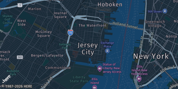 Map of Jersey City, NJ. The exact address of The Westin Jersey City Newport is not known, so the map shows the area rather than a specific building.