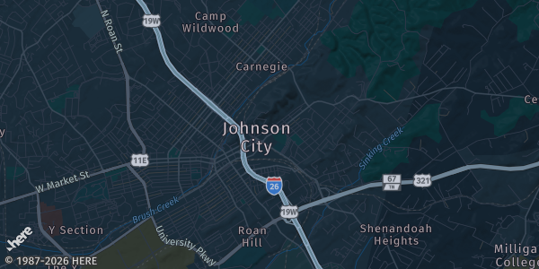 Map of Johnson City, TN. The exact address of Johnson City Mall is not known, so the map shows the area rather than a specific building.
