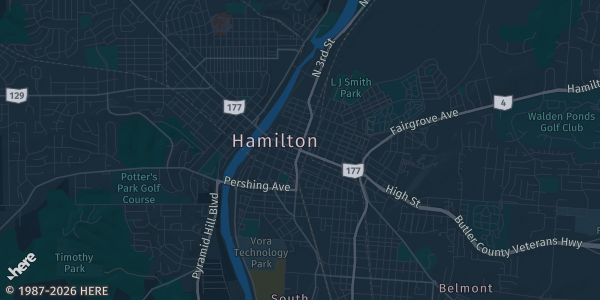 Map of Hamilton, OH. The exact address of Spooky Nook Sports Complex is not known, so the map shows the area rather than a specific building.