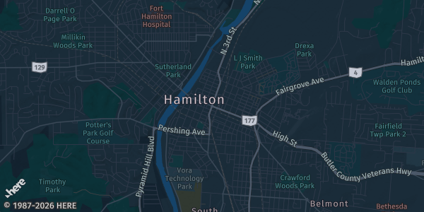 Map of Hamilton, OH. The exact address of Spooky Nook Sports Complex is not known, so the map shows the area rather than a specific building.