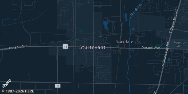 Map of Sturtevant, WI. The exact address of Fountain Banquet Hal is not known, so the map shows the area rather than a specific building.