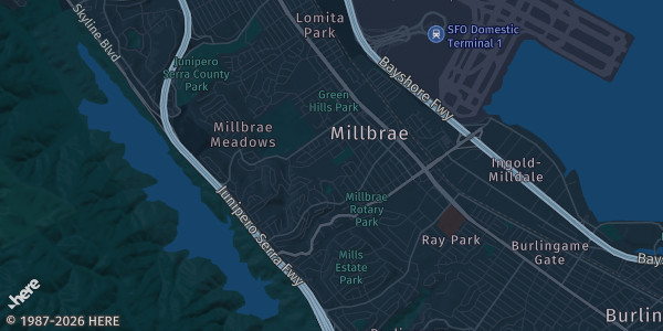 Map of Millbrae, CA. The exact address of Lefty's Sports Cards, 1859 El Camino Real is not known, so the map shows the area rather than a specific building.