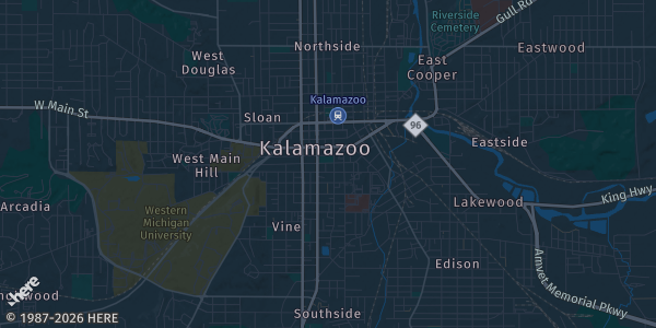 Map of Kalamazoo, MI. The exact address of Kalamazoo Comic Con is not known, so the map shows the area rather than a specific building.