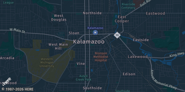 Map of Kalamazoo, MI. The exact address of Kalamazoo Comic Con is not known, so the map shows the area rather than a specific building.