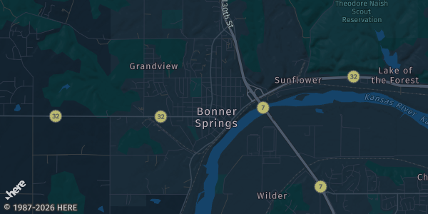 Map of Bonner Springs, KS. The exact address of Kansas Card Show is not known, so the map shows the area rather than a specific building.