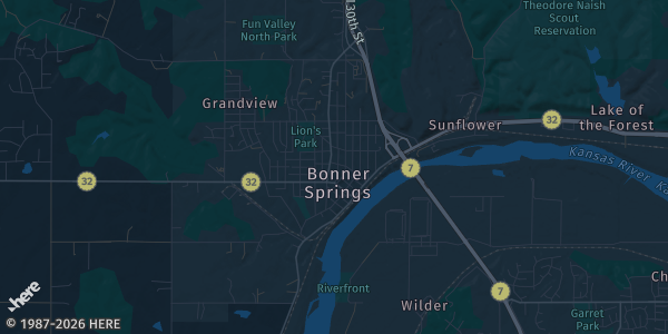 Map of Bonner Springs, KS. The exact address of Kansas Card Show is not known, so the map shows the area rather than a specific building.