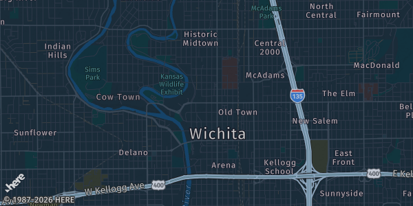Map of Wichita, KS. The exact address of Hyatt Regency Wichita is not known, so the map shows the area rather than a specific building.