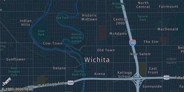 Map of Wichita, KS. The exact address of Drury Plaza Hotel Broadview Wichita is not known, so the map shows the area rather than a specific building.