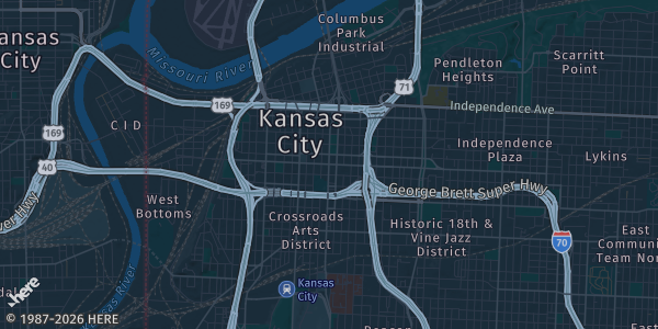 Map of Kansas City, MO. The exact address of Harrah's Kansas City Casino & Hotel is not known, so the map shows the area rather than a specific building.