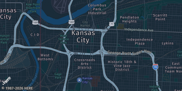 Map of Kansas City, MO. The exact address of Harrah's Kansas City Casino & Hotel is not known, so the map shows the area rather than a specific building.