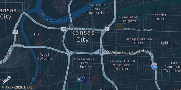 Map of Kansas City, MO. The exact address of Harrah's Kansas City Casino & Hotel is not known, so the map shows the area rather than a specific building.