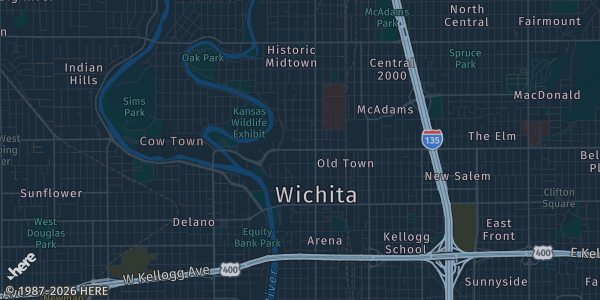 Map of Wichita, KS. The exact address of Century II Performing Arts & Convention Center is not known, so the map shows the area rather than a specific building.