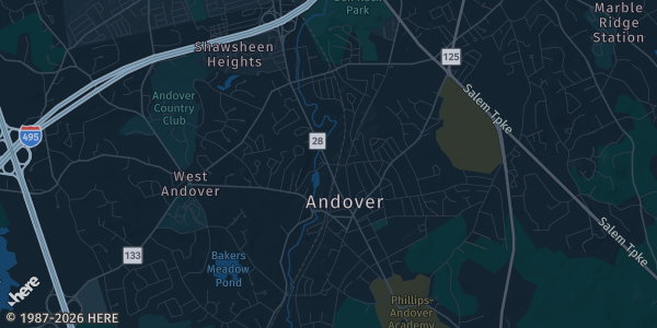 Map of Andover, MA. The exact address of Doubletree by Hilton is not known, so the map shows the area rather than a specific building.