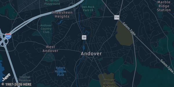 Map of Andover, MA. The exact address of Doubletree by Hilton is not known, so the map shows the area rather than a specific building.