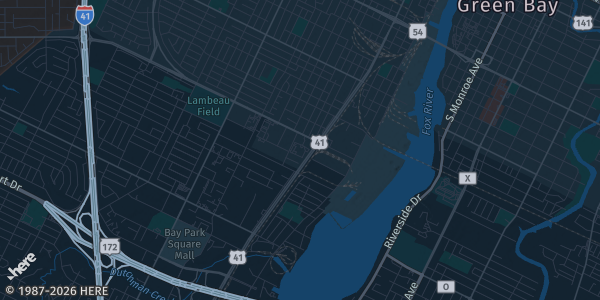 Map of Green Bay, WI. The exact address of Tundra Lodge is not known, so the map shows the area rather than a specific building.