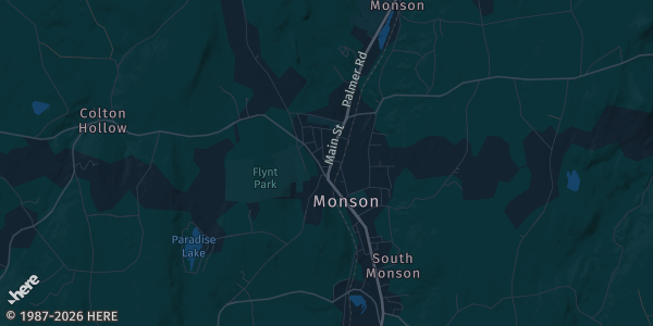 Map of Monson, MA. The exact address of Kappa Card Store is not known, so the map shows the area rather than a specific building.