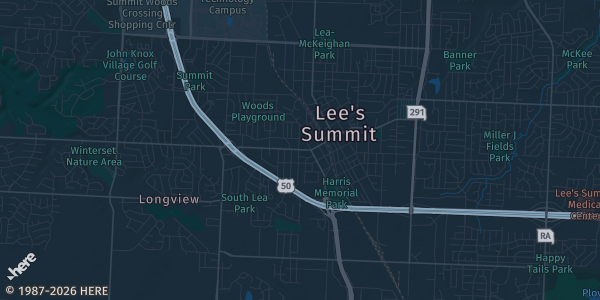 Map of Lee's Summit, MO. The exact address of The Pavillion @ John Knox Village is not known, so the map shows the area rather than a specific building.