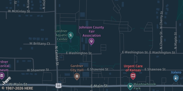 Map showing Johnson County Fairgrounds in Gardner, KS.