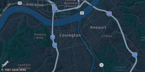 Map of Covington, KY. The exact address of Northern Kentucky Convention Center is not known, so the map shows the area rather than a specific building.