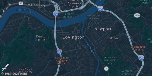 Map of Covington, KY. The exact address of Northern Kentucky Convention Center is not known, so the map shows the area rather than a specific building.