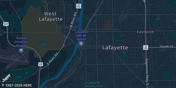 Map of Lafayette, IN. The exact address of Ross Camp is not known, so the map shows the area rather than a specific building.