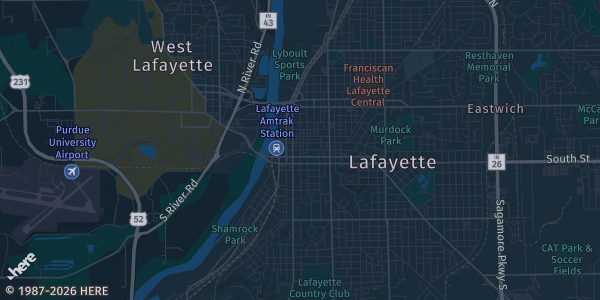 Map of Lafayette, IN. The exact address of Ross Camp is not known, so the map shows the area rather than a specific building.