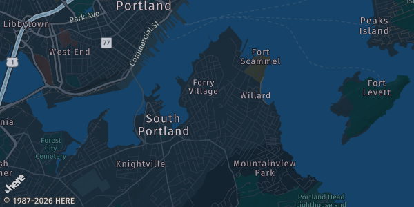 Map of South Portland, ME. The exact address of DoubleTree by Hilton Hotel Portland, ME is not known, so the map shows the area rather than a specific building.
