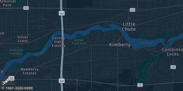 Map of Kimberly, WI. The exact address of Kimberly Highschool Commons is not known, so the map shows the area rather than a specific building.