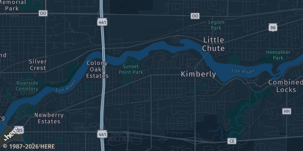 Map of Kimberly, WI. The exact address of Kimberly Highschool Commons is not known, so the map shows the area rather than a specific building.