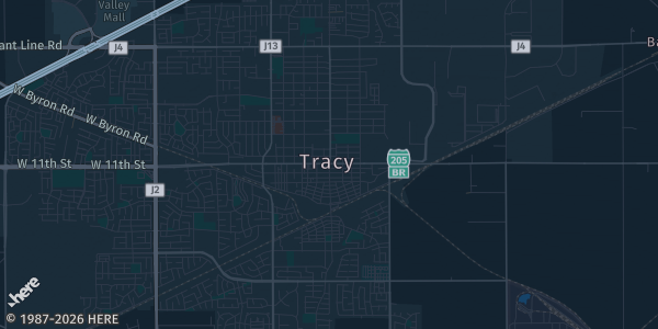 Map of Tracy, CA. The exact address of West Valley Mall is not known, so the map shows the area rather than a specific building.