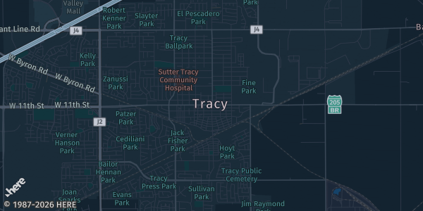 Map of Tracy, CA. The exact address of West Valley Mall is not known, so the map shows the area rather than a specific building.