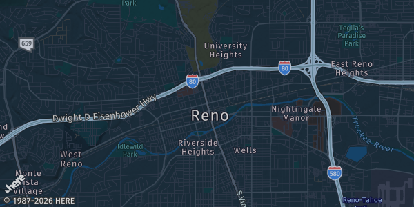 Map of Reno, NV. The exact address of Kingdom Card Show - Winter Edition is not known, so the map shows the area rather than a specific building.