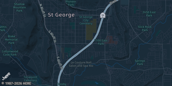 Map of St. George, UT. The exact address of Abbey Inn is not known, so the map shows the area rather than a specific building.
