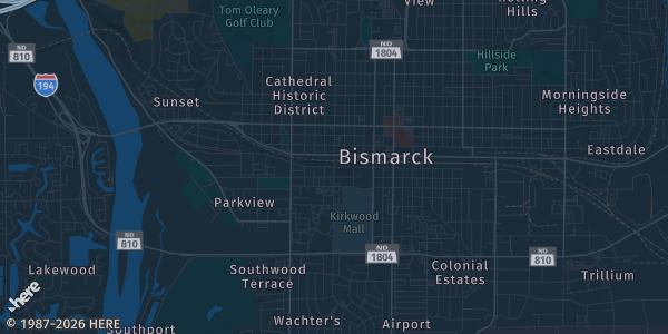 Map of Mall Bismarck, ND. The exact address of Kirkwood Mall Card Show is not known, so the map shows the area rather than a specific building.