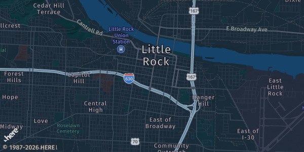 Map of Little Rock, AR. The exact address of Little Rock Marriott is not known, so the map shows the area rather than a specific building.