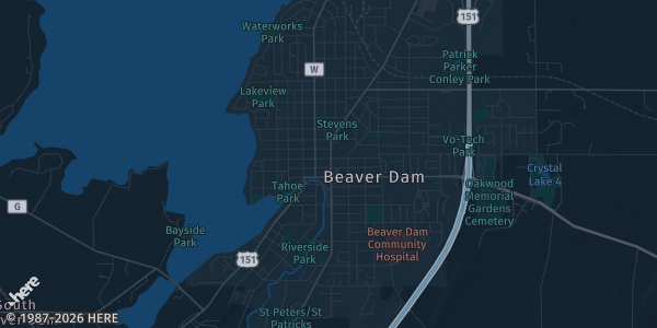 Map of Beaver Dam, WI. The exact address of Dodge County Fairgrounds is not known, so the map shows the area rather than a specific building.