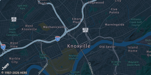 Map of Knoxville, TN. The exact address of Knoxville Christian School is not known, so the map shows the area rather than a specific building.
