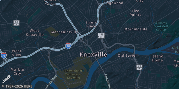 Map of Knoxville, TN. The exact address of Knoxville Christian School is not known, so the map shows the area rather than a specific building.
