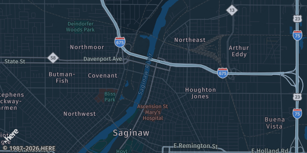 Map of Saginaw, M, MI. The exact address of Kochville Veterans Hall is not known, so the map shows the area rather than a specific building.