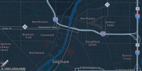 Map of Saginaw, M, MI. The exact address of Kochville Veterans Hall is not known, so the map shows the area rather than a specific building.
