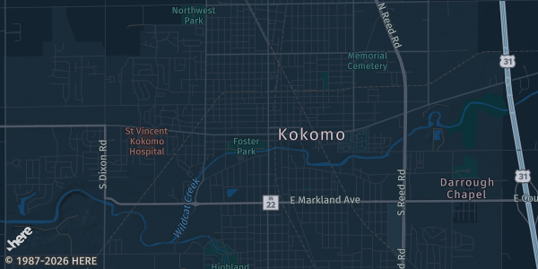Map of Kokomo, IN. The exact address of Elite Event Center is not known, so the map shows the area rather than a specific building.