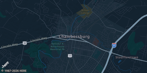 Map of Chambersburg, PA. The exact address of Kauffman Ruritan Community Center is not known, so the map shows the area rather than a specific building.