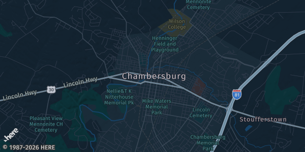 Map of Chambersburg, PA. The exact address of Kauffman Ruritan Community Center is not known, so the map shows the area rather than a specific building.