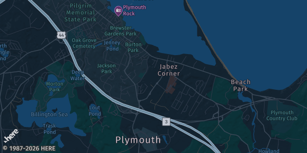 Map of Plymouth, MA. The exact address of Plymouth North High School is not known, so the map shows the area rather than a specific building.