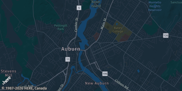 Map of Lewiston, ME. The exact address of Pleasant Street Bingo is not known, so the map shows the area rather than a specific building.