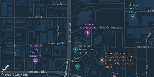 Map showing Torrance Civic Center — Toyota Meeting Hall in Torrance, CA.