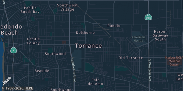 Map of Torrance, CA. The exact address of Torrance Civic Center — Nakano Theatre Hall is not known, so the map shows the area rather than a specific building.