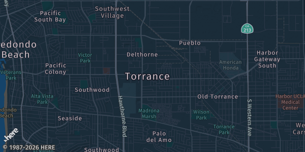 Map of Torrance, CA. The exact address of Torrance Civic Center — Nakano Theatre Hall is not known, so the map shows the area rather than a specific building.