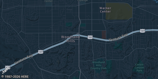 Map of Woodland Hills, CA. The exact address of Warner Center - Marriott is not known, so the map shows the area rather than a specific building.