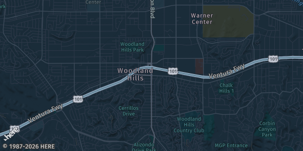 Map of Woodland Hills, CA. The exact address of Warner Center - Marriott is not known, so the map shows the area rather than a specific building.